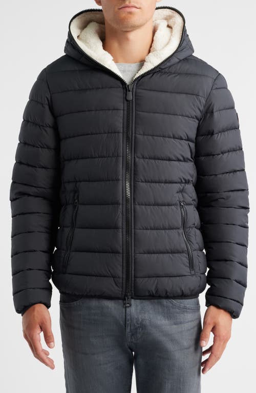 Save The Duck Bertie Faux Shearling Lining Hooded Puffer Jacket In Black