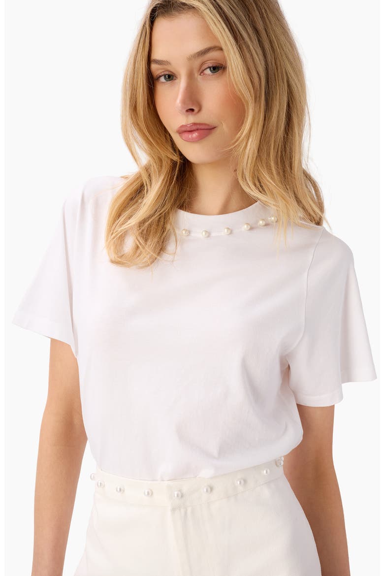 Mattea Faux Pearl Trim Pima Cotton T-Shirt, Alternate, color, WHITE