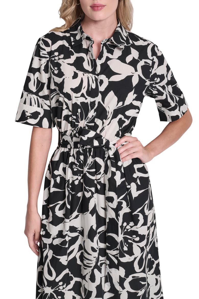 Floral Elbow Sleeve Cotton Midi Shirtdress, Alternate, color, BLACK/ IVORY