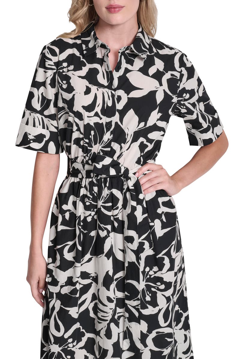 DKNY Floral Elbow Sleeve Cotton Midi Shirtdress, Alternate, color, Black/ Ivory