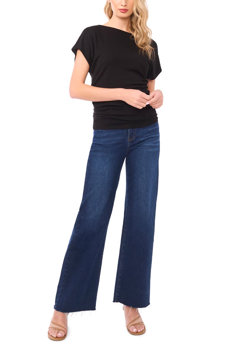Shirred Dolman Short Sleeve Ponte Top, Alternate, color, RICH BLACK