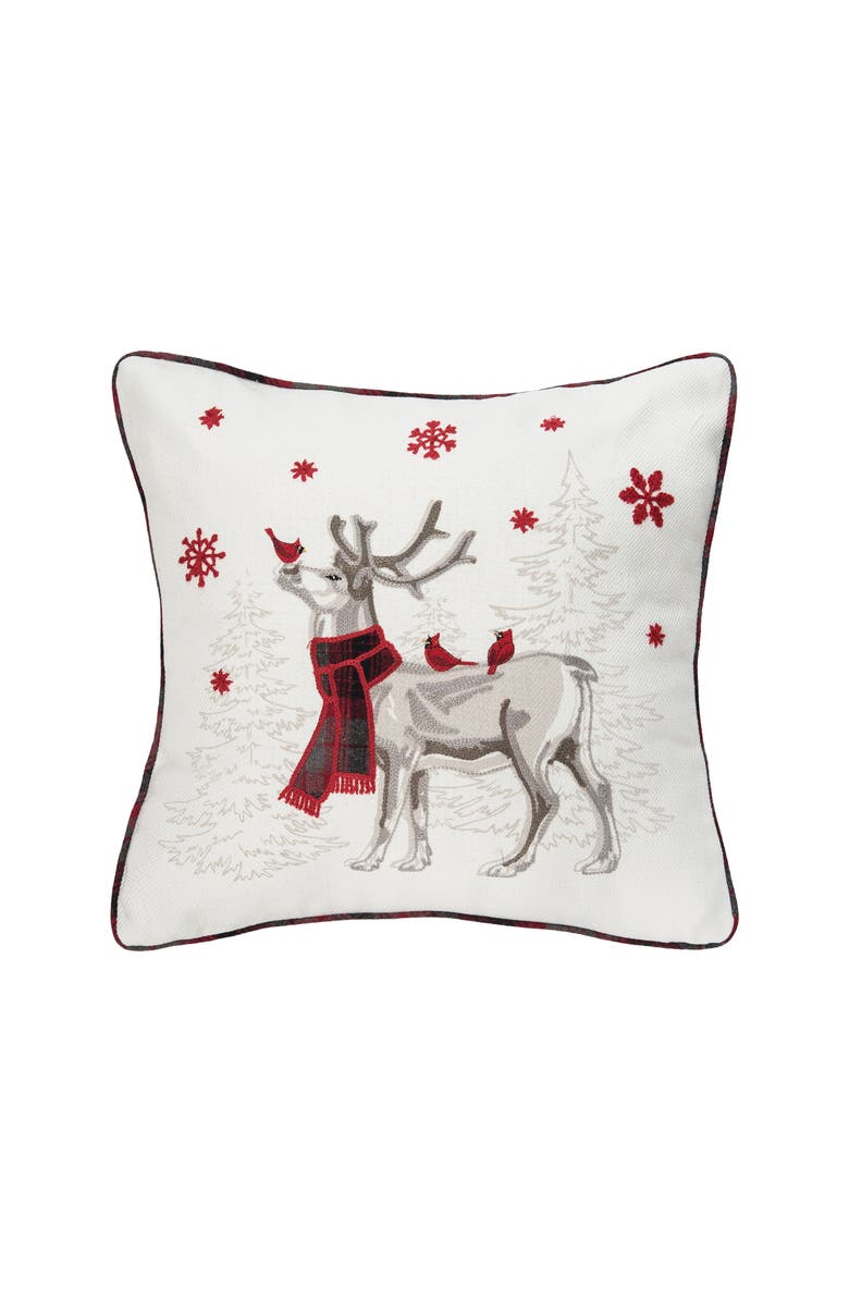 C&F Home Frosty Reindeer Deer & Cardinal Embellished Accent Throw Pillow, 18" x 18", Main, color,