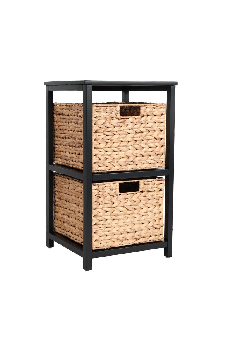 Cohen Coastal Bohemian Handcrafted Acacia Wood 2-Tier Storage Cabinet with 2 Water Hyacinth Woven Baskets, Main, color, Black