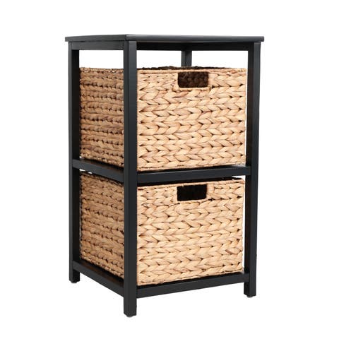 Cohen Coastal Bohemian Handcrafted Acacia Wood 2-Tier Storage Cabinet with 2 Water Hyacinth Woven Baskets