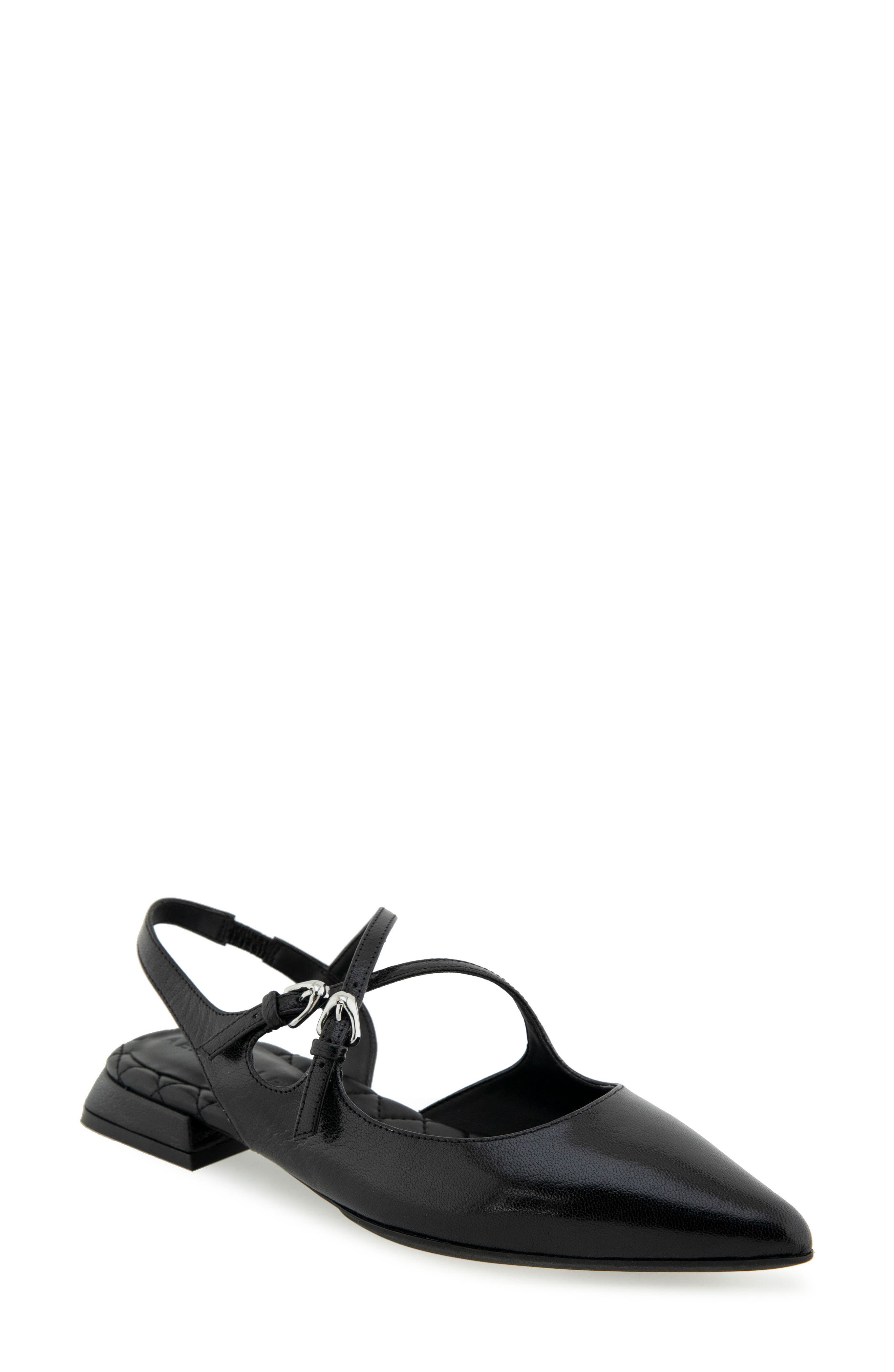 Napoli Pointed Toe Slingback Flat, Main, color, BLACK SHINY LEATHER