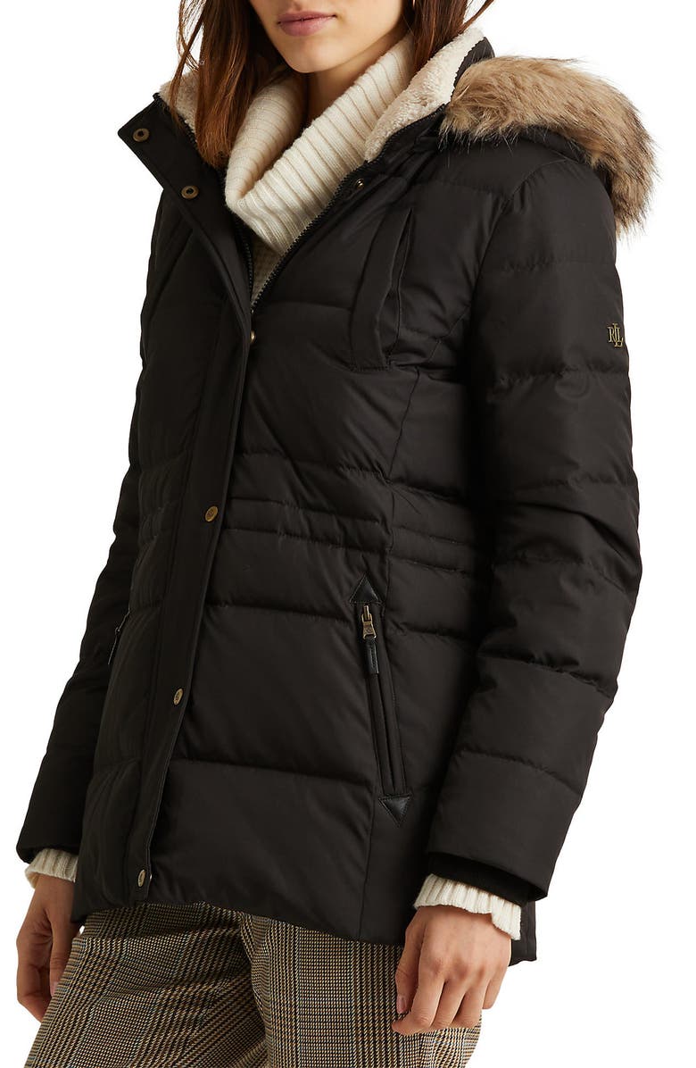 Lauren Ralph Lauren Icon Down & Feather Puffer with Faux Fur Trim Hood, Main, color, 
