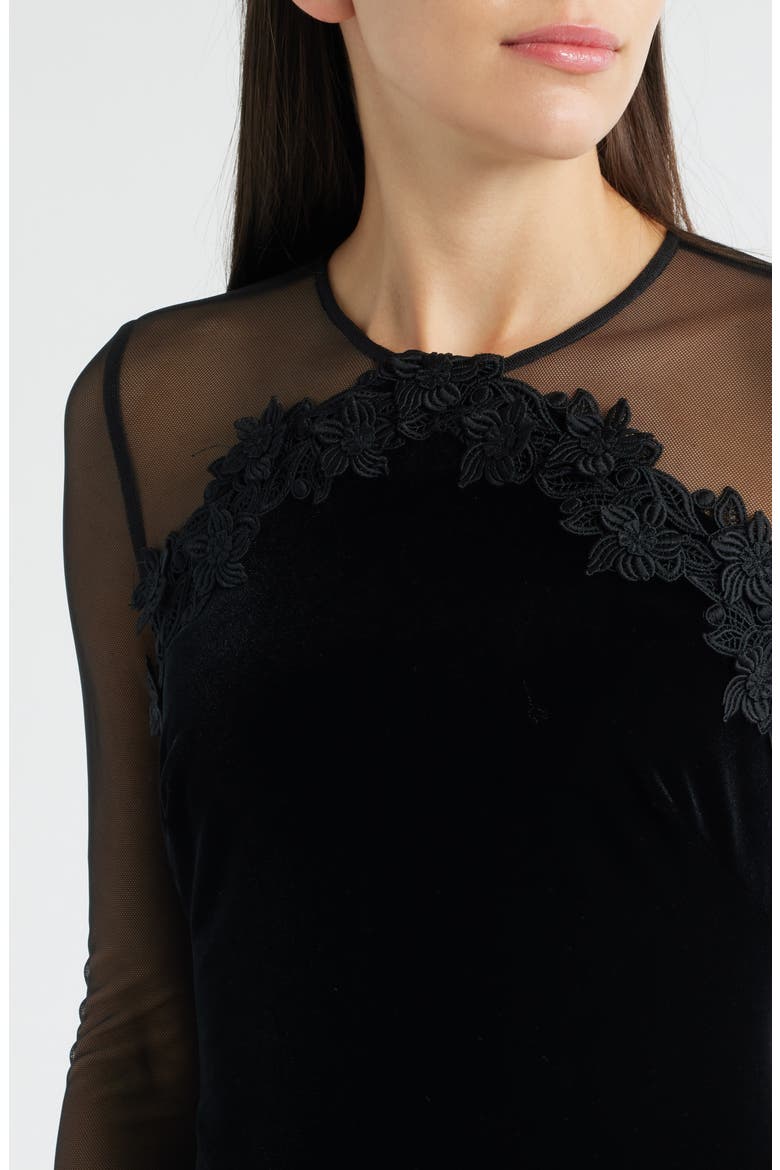 Floral Appliqué Long Sleeve Velvet Cocktail Dress, Alternate, color, BLACK