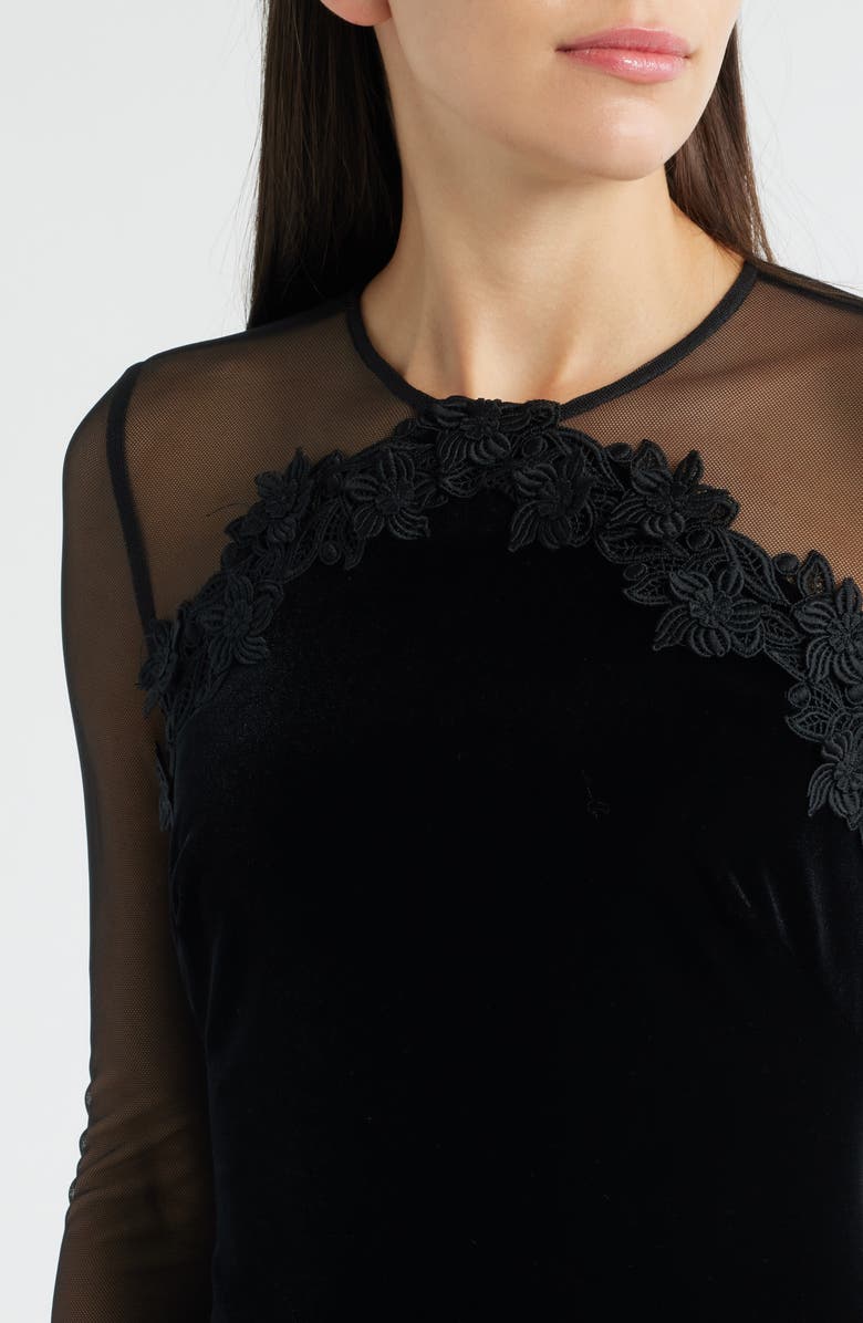 Vince Camuto Floral Appliqué Long Sleeve Velvet Cocktail Dress, Alternate, color, Black
