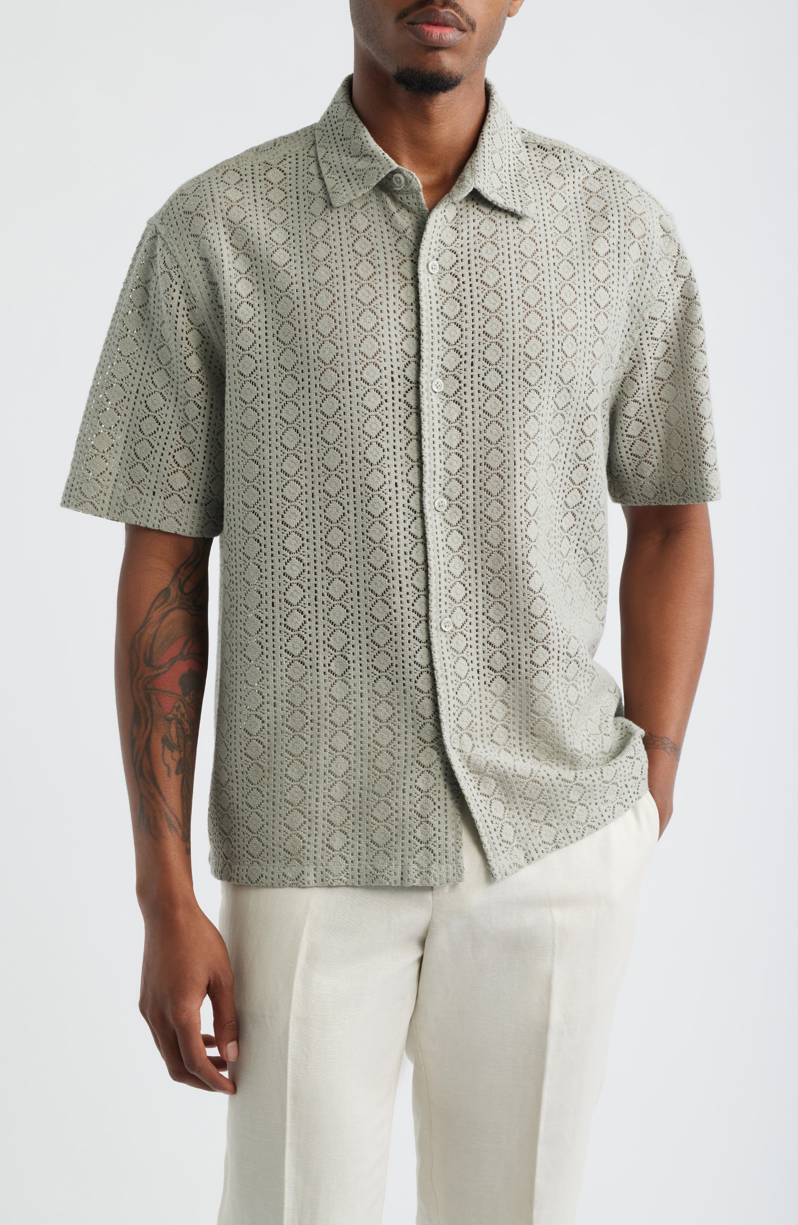 Boxy Lace Short Sleeve Button-Up Shirt - image 3
