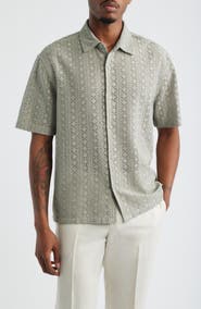 Open Edit Boxy Lace Short Sleeve Button-Up Shirt