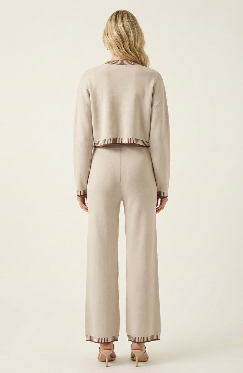 Modenaire Contrast Trim Knit Cardigan Set, Alternate, color, Beige / Brown Trim