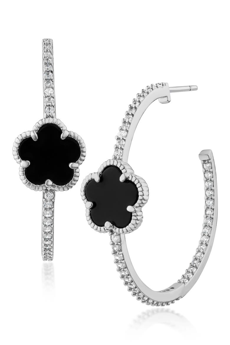Pavé Cubic Zirconia & Onyx Clover Hoop Earrings, Main, color, BLACK/ SILVER