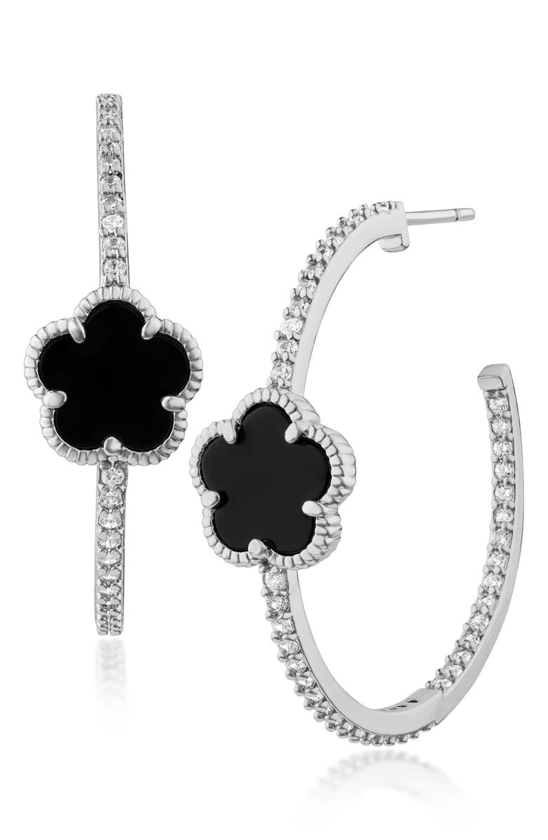 CZ by Kenneth Jay Lane Pavé Cubic Zirconia & Onyx Clover Hoop Earrings, Main, color, Black/ Silver
