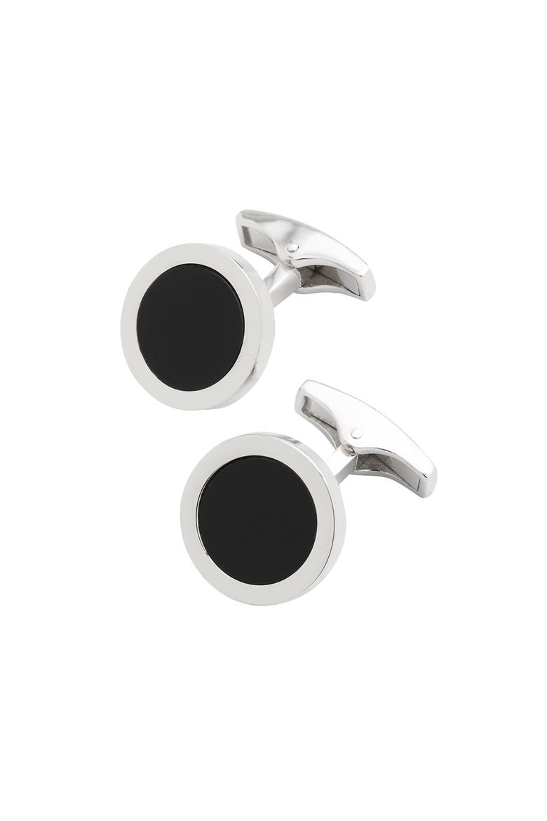 Round Gemstone Inlay Sterling Cufflinks, Main, color, BLACK