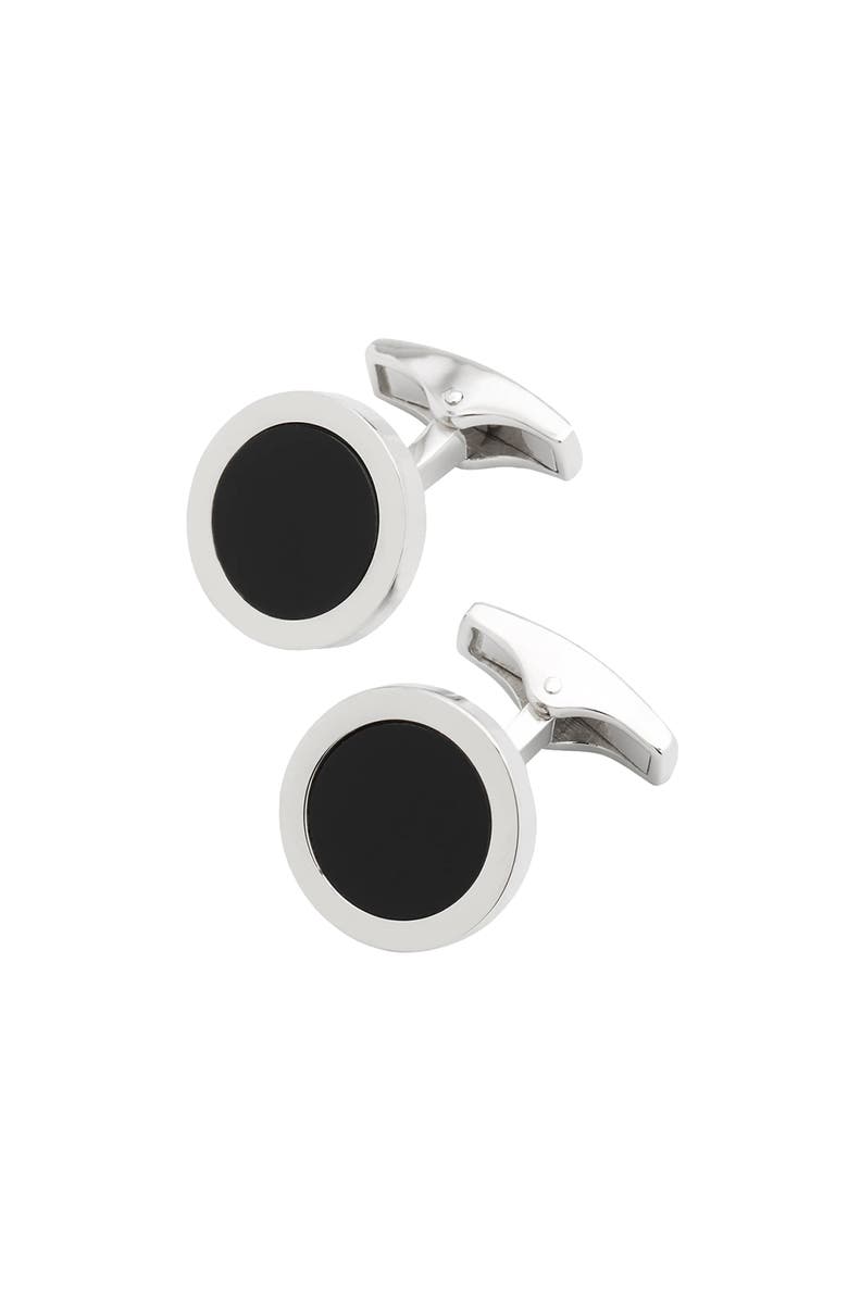 Jan Leslie Round Gemstone Inlay Sterling Cufflinks, Main, color, Black