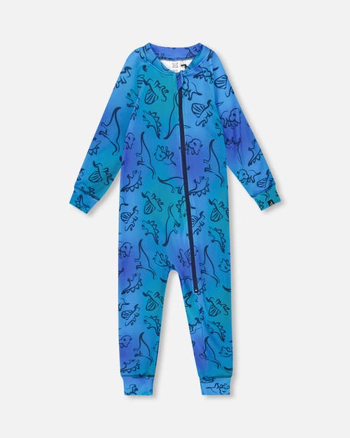 Deux Par Deux One-piece Thermal Underwear Dinosaur In Blue