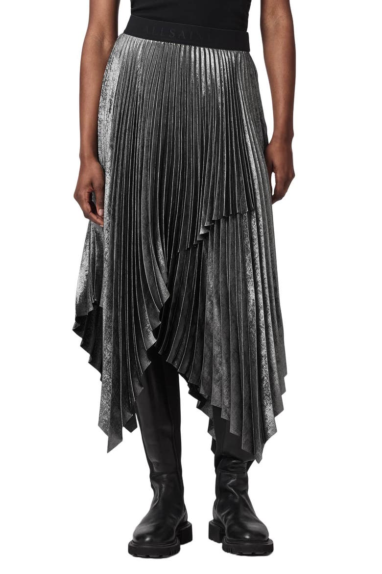 Elisa Pleated Asymmetrical Midi Skirt, Main, color, PLATINUM SILVER