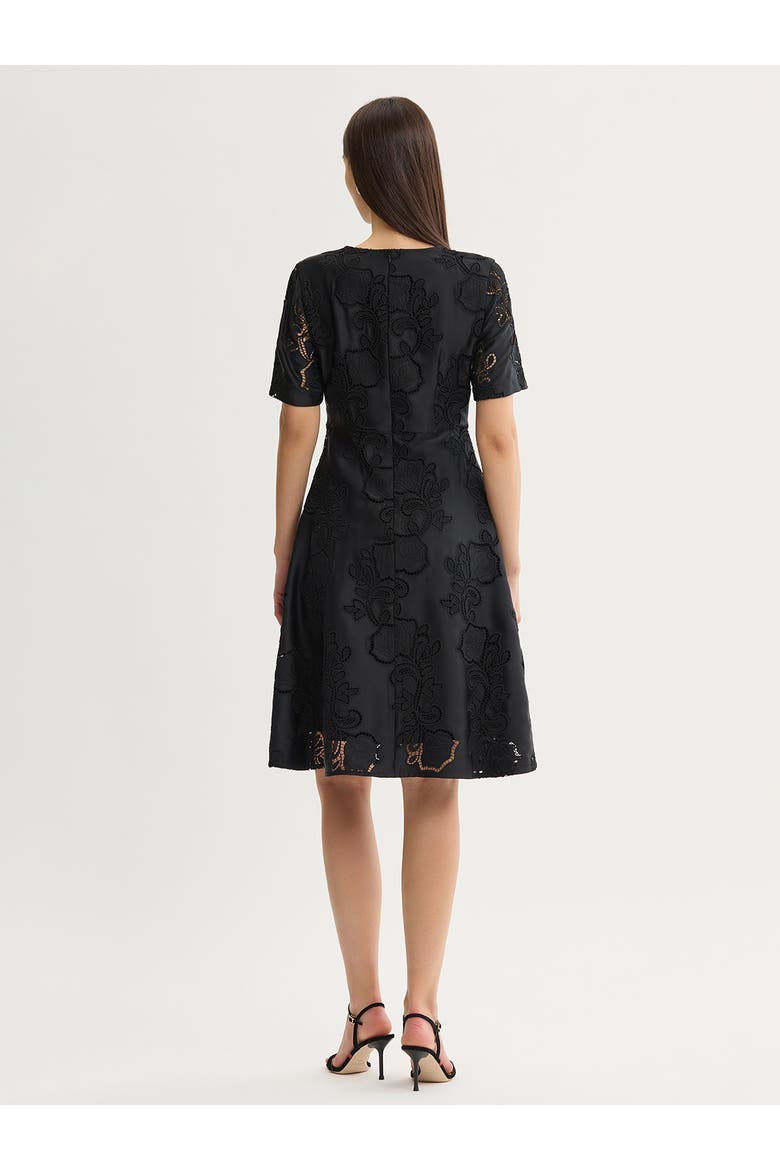 A-Line Floral Eyelet Crepe de Chine Dress, Alternate, color, Black