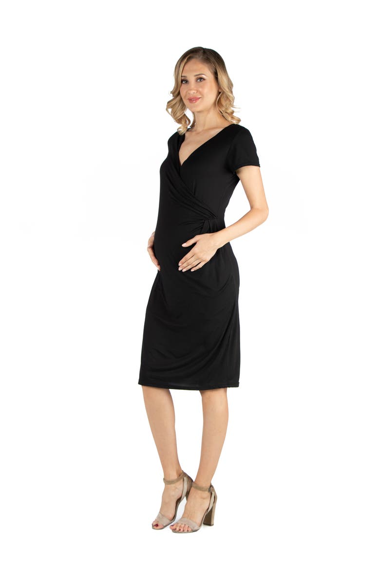 24seven Comfort Apparel Maternity Faux Wrapover Dress with Cap Sleeves, Alternate, color, Black