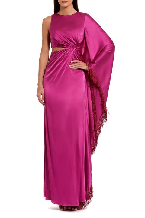 Charmeuse Kaftan Sleeve Assymetrical Fringe Gown