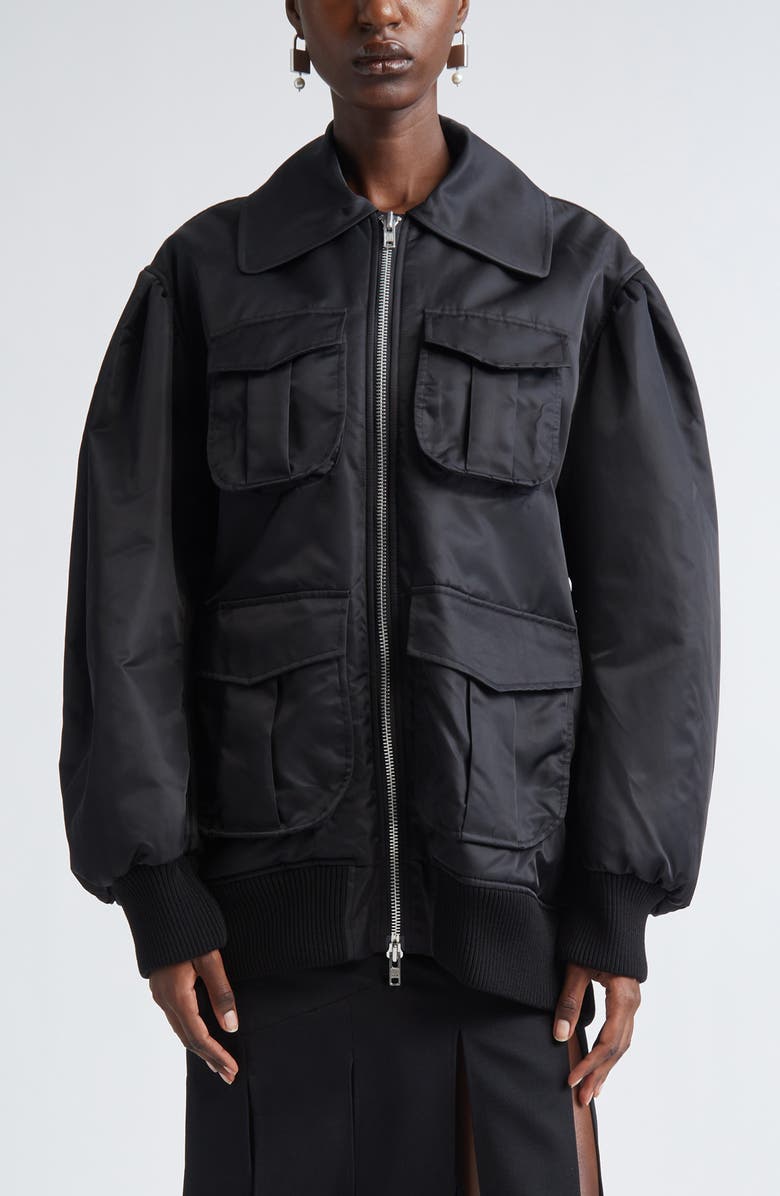 Simone Rocha Multi Pocket Puff Sleeve Bomber Jacket, Main, color, Black