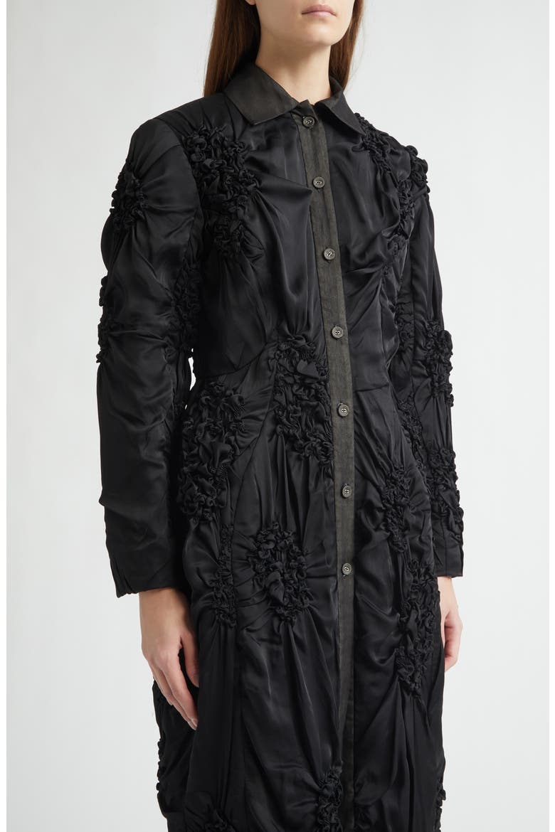 Smocked Tailored Satin Cocoon Coat, Alternate, color, BLACK