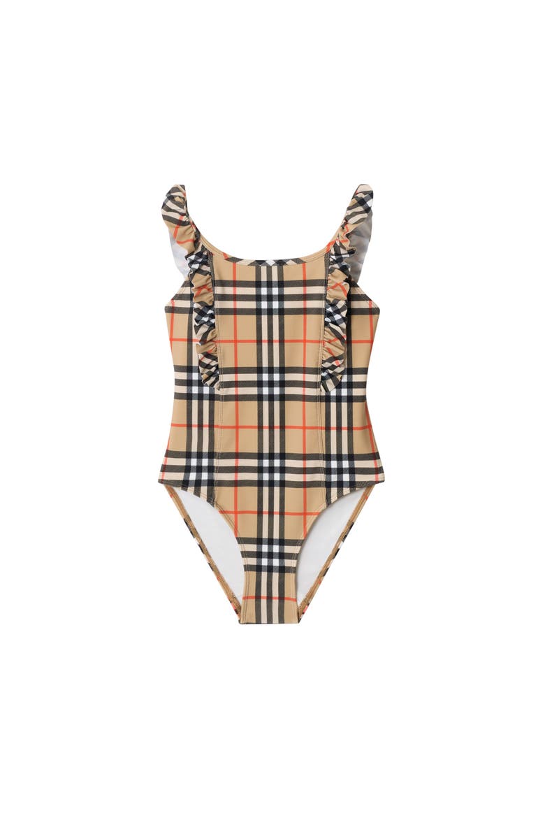 Girls' Ruffle Trim Check Swimsuit, Main, color, Sand beige