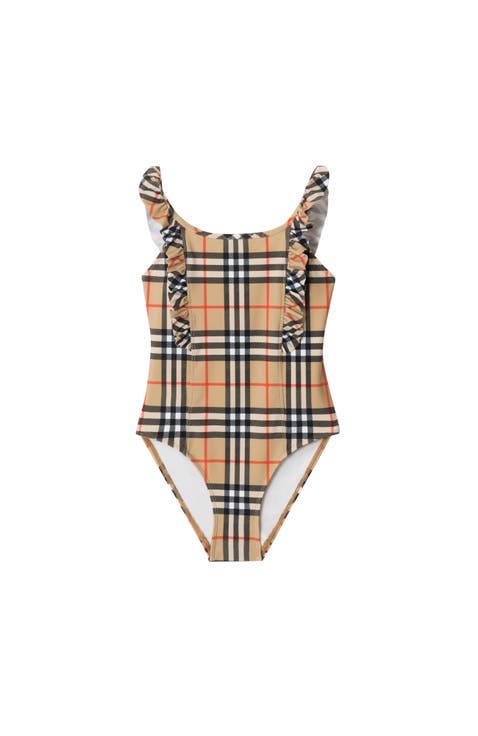 Girls' Ruffle Trim Check Swimsuit