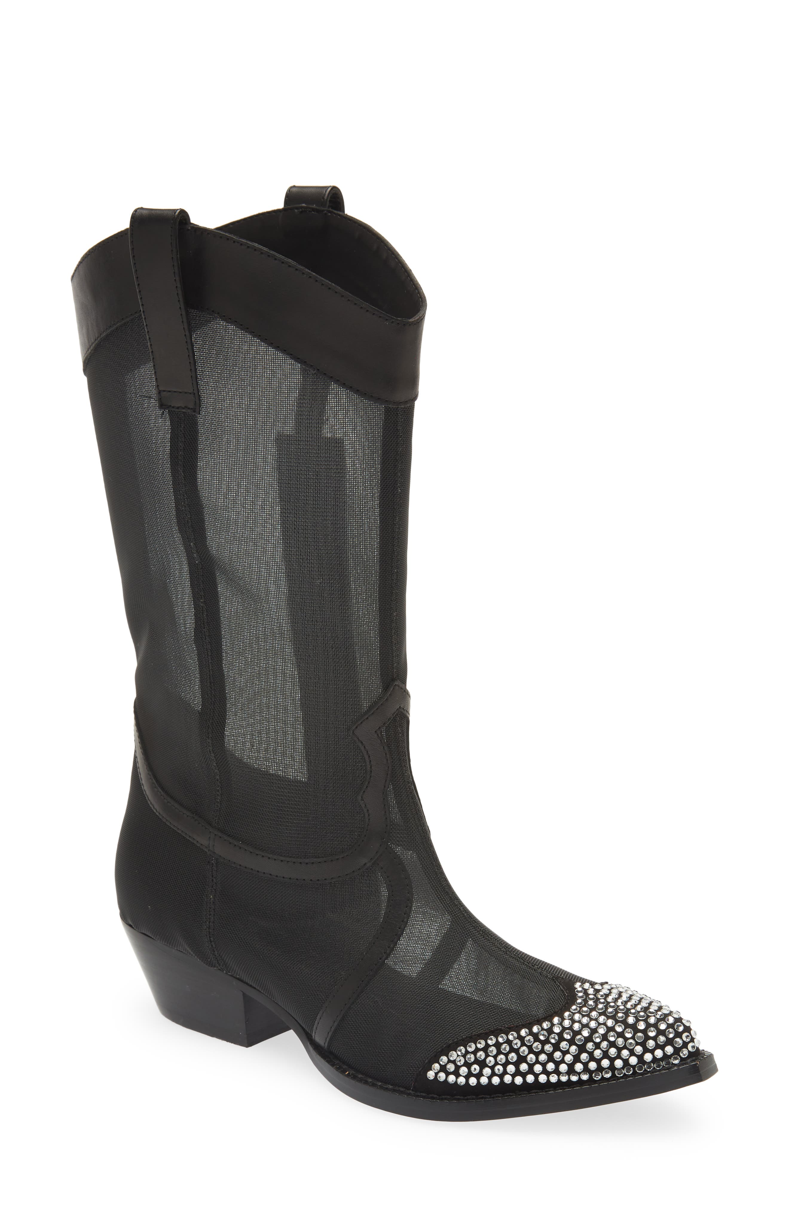 KARL LAGERFELD PARIS Rhinestone Detail Mesh Western Boot