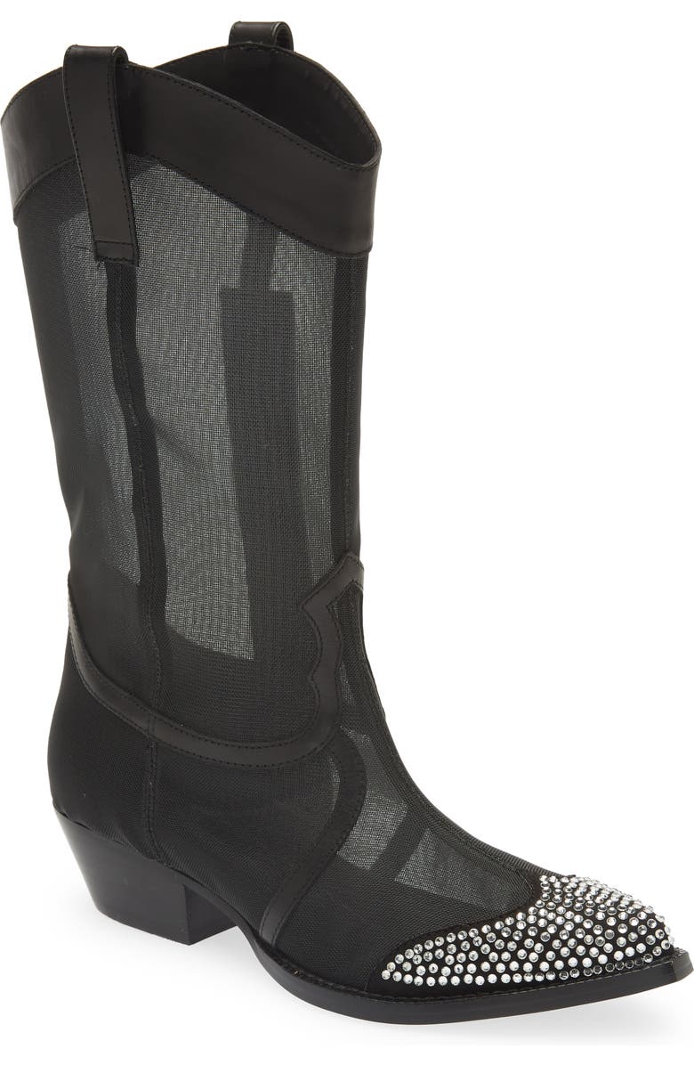 KARL LAGERFELD PARIS Rhinestone Detail Mesh Western Boot, Main, color,