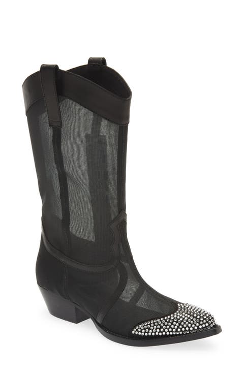 Rhinestone Detail Mesh Western Boot (Women)