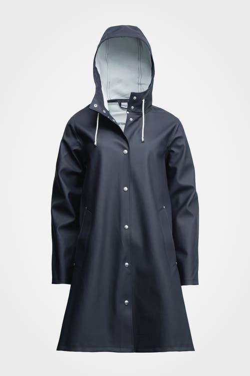 Stutterheim Mosebacke Hooded Long Sleeve Raincoat In Blue