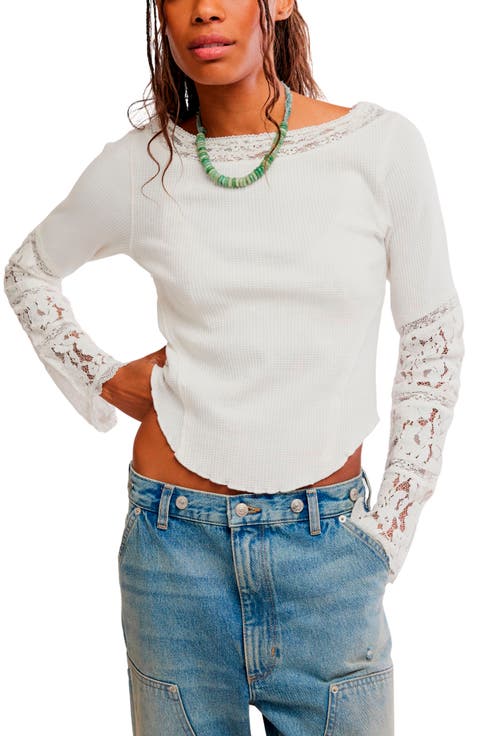 Intimately FP Amber Lace Cuff Waffle Knit Top