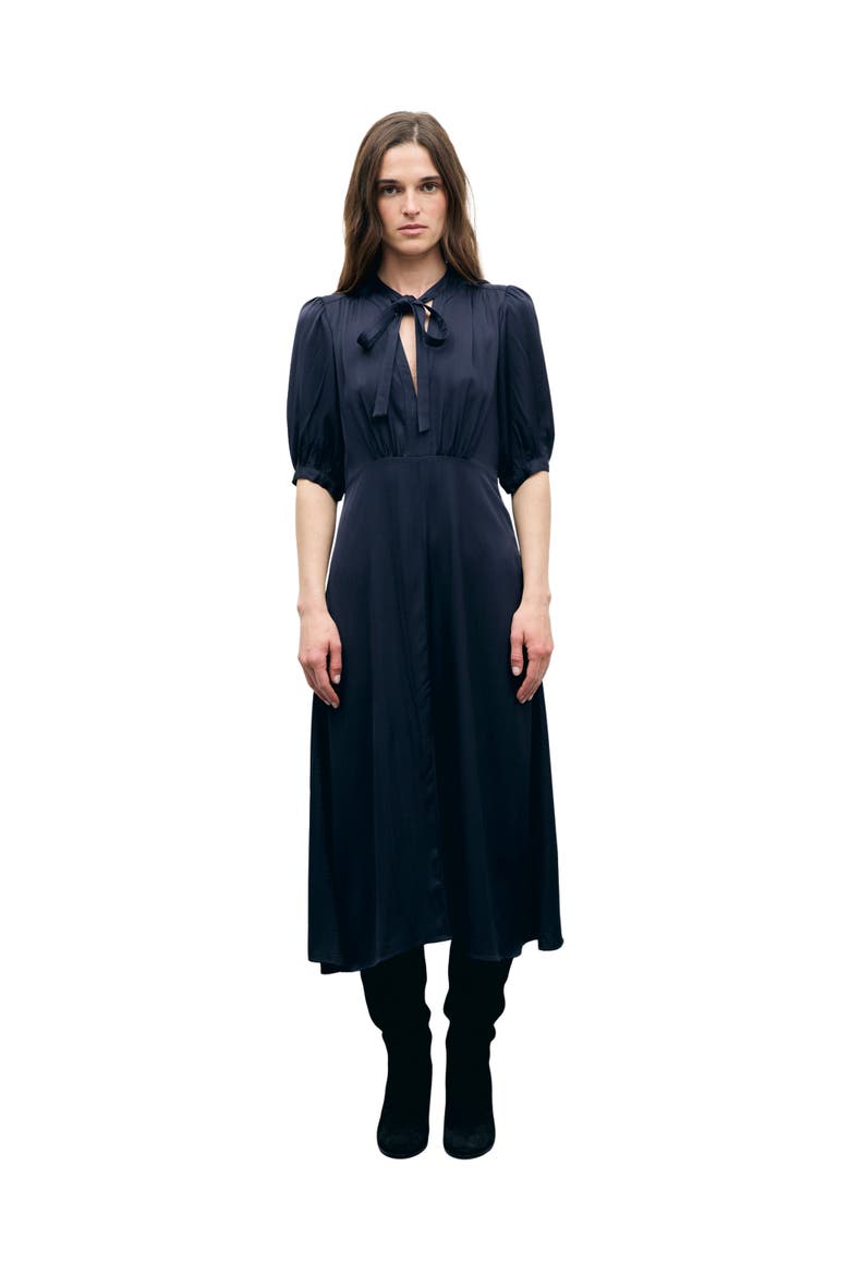 Chani Tie Neck Midi Dress, Main, color, Ink
