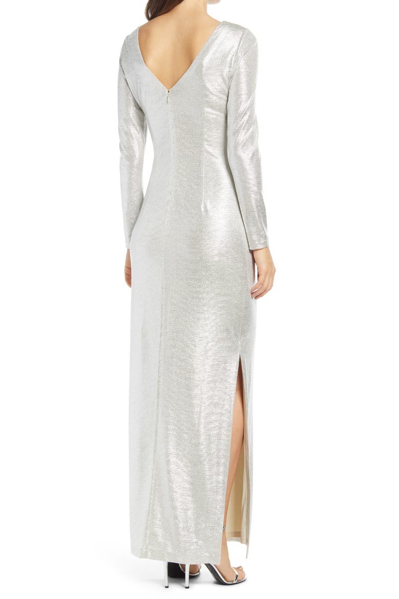 Metallic Long Sleeve Faux Wrap Gown, Alternate, color, METALLIC SILVER