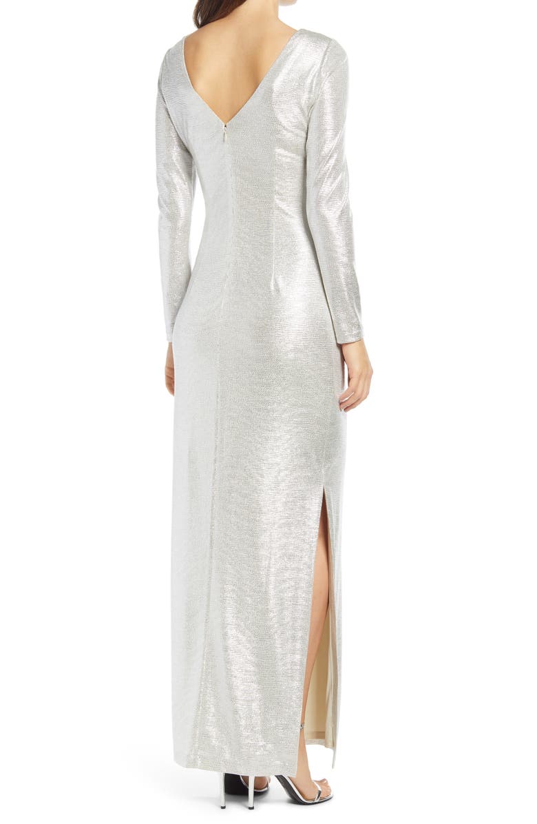 Eliza J Metallic Long Sleeve Faux Wrap Gown, Alternate, color, 