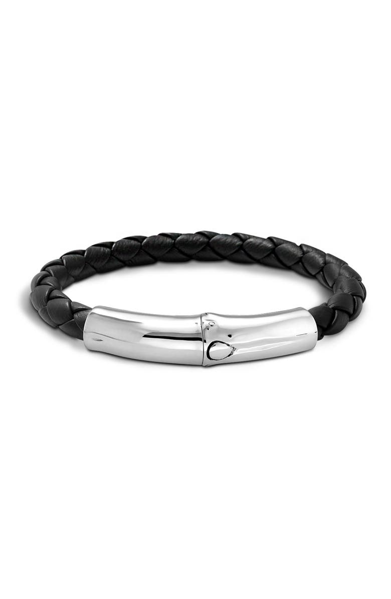 John Hardy Men's Sterling Silver Bamboo Shaped Station Leather Bracelet, Main, color,