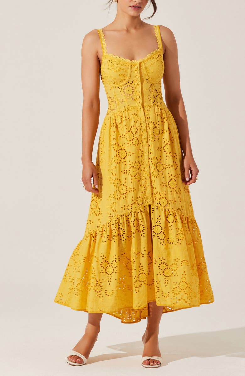 ASTR the Label Yamila Cotton Eyelet High-Low Dress, Alternate, color, Mustard