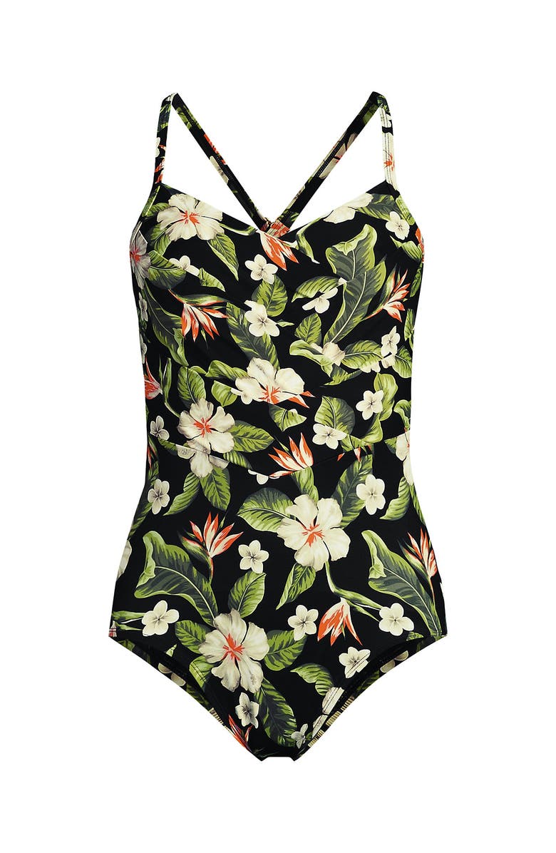 Lands' End Plus Size Slender Suit Pleated Low Leg One Piece Swimsuit, Alternate, color, Hibiscus Floral/Black