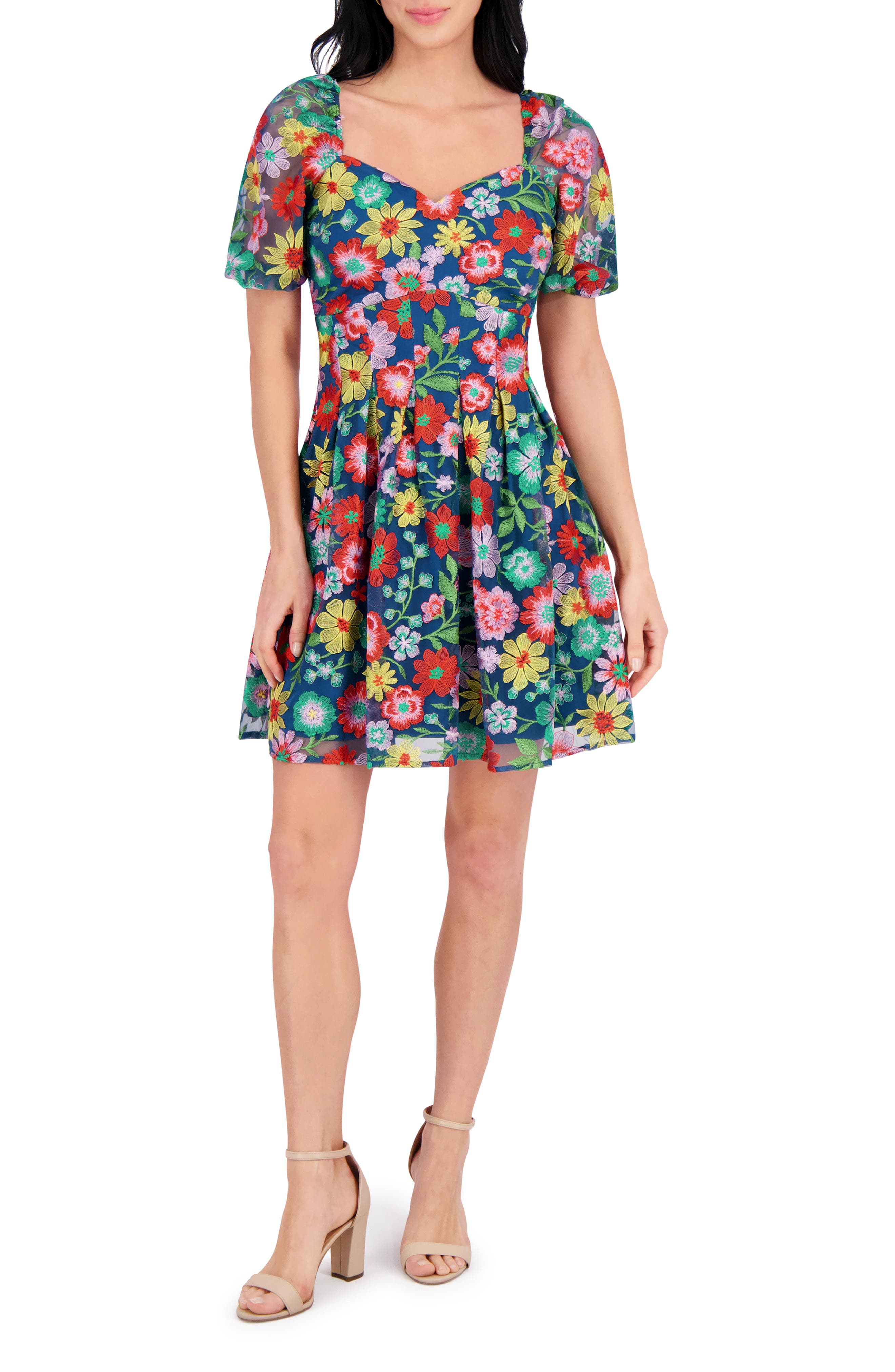 Kensie Embroidered Mesh Short Sleeve Dress