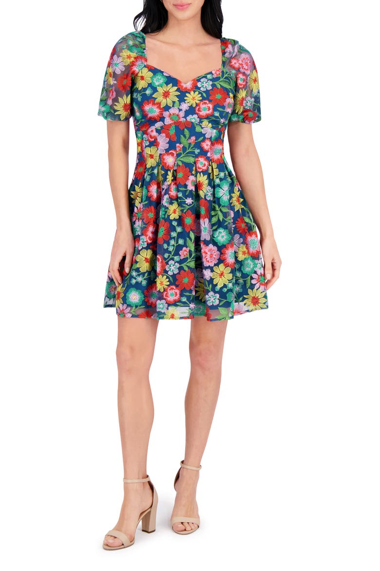 Embroidered Mesh Short Sleeve Dress, Main, color, BLUE/ GREEN MULTI
