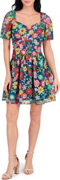 Kensie Embroidered Mesh Short Sleeve Dress