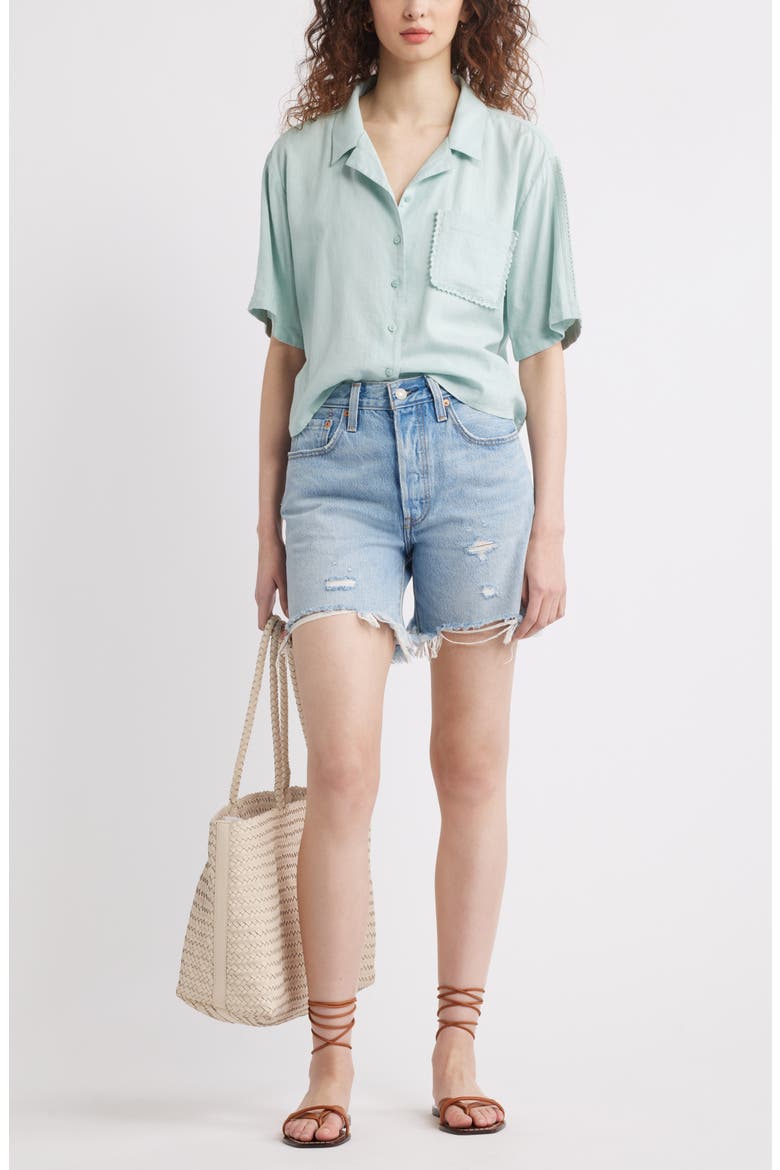 Novelty Linen Blend Camp Shirt, Alternate, color, TEAL TIDE