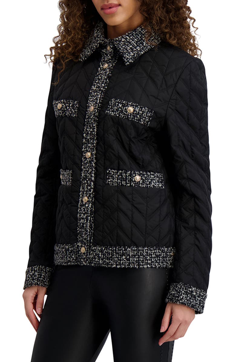 KARL LAGERFELD PARIS Tweed Trim Quilted Puffer Jacket, Alternate, color, 