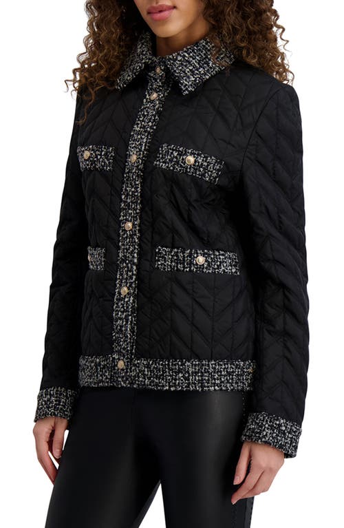 Karl Lagerfeld Tweed Trim Quilted Puffer Jacket In Black