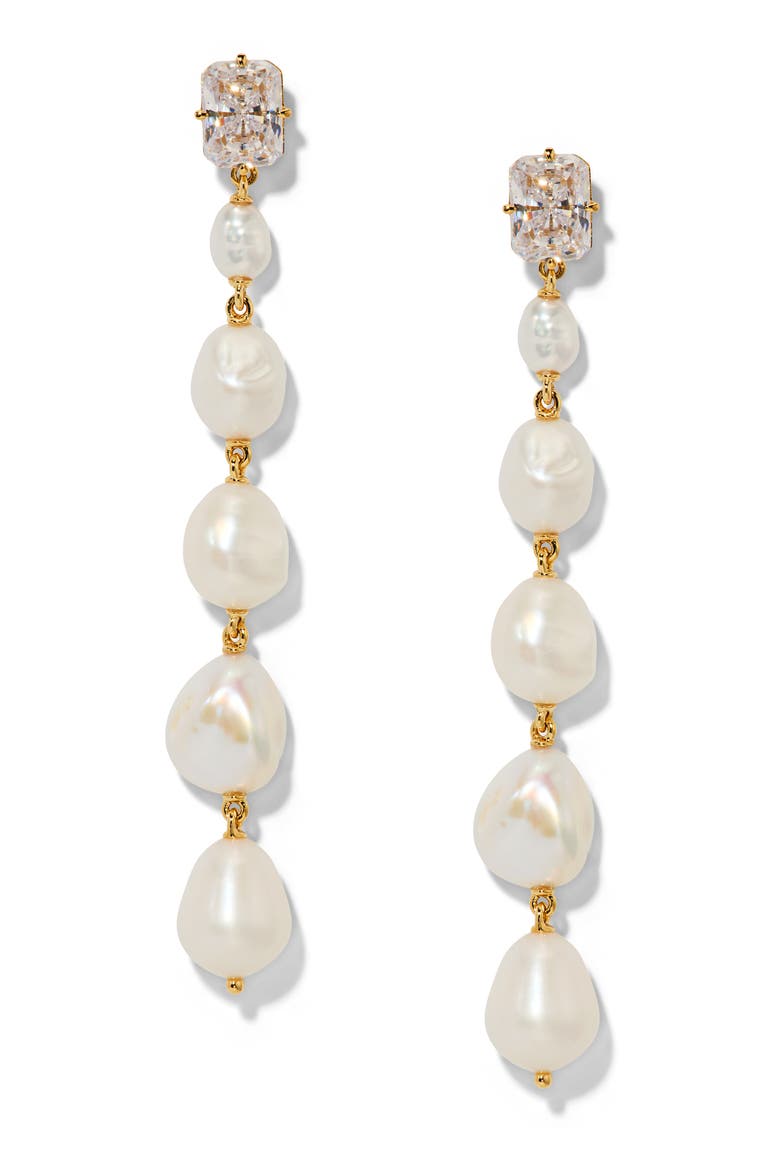 Madrid Cultured Pearl Linear Drop Earrings, Main, color, GOLD