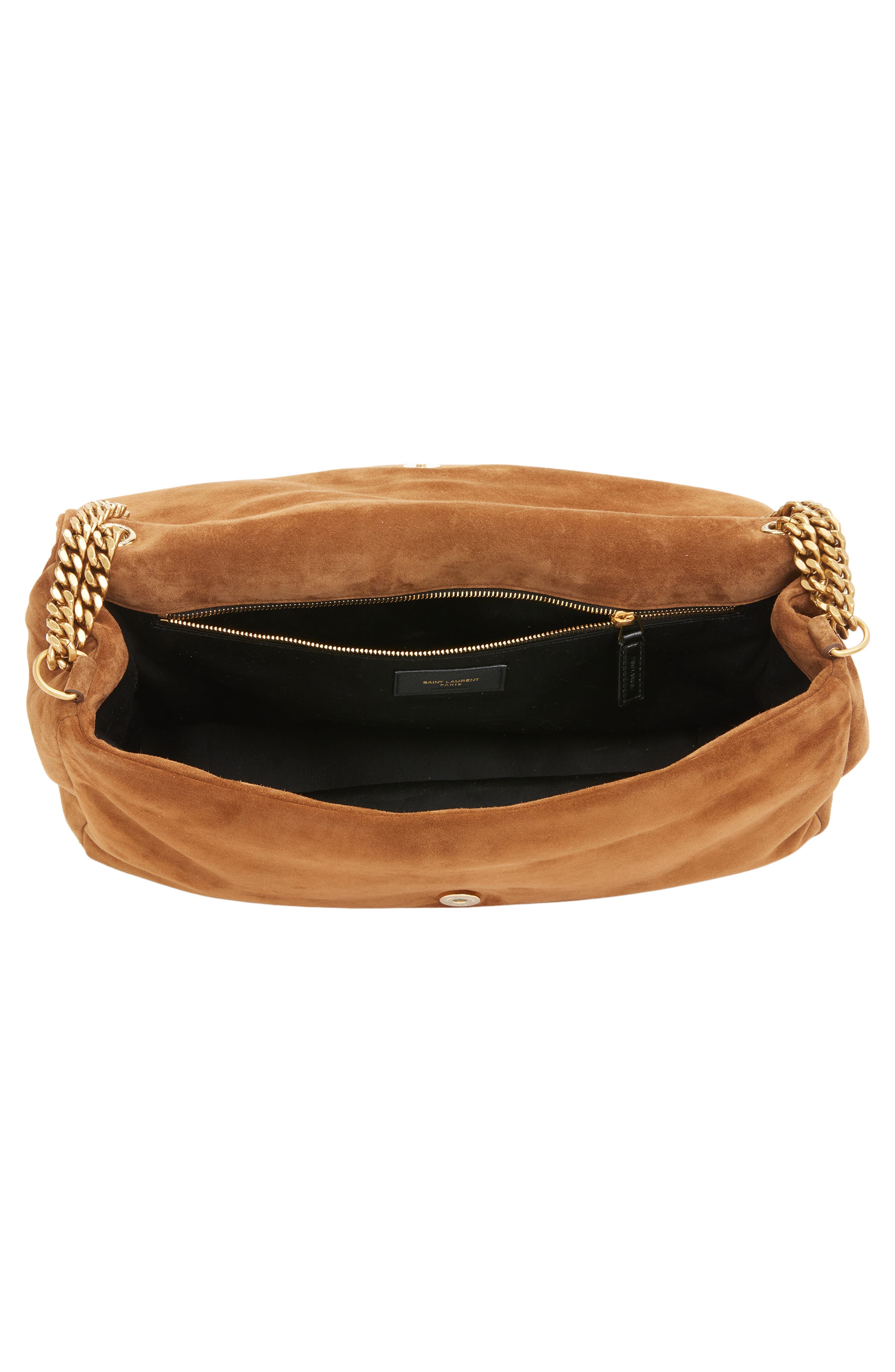 Saint Laurent Large Calypso Suede Shoulder Bag, Alternate, color, Caramel Cognac