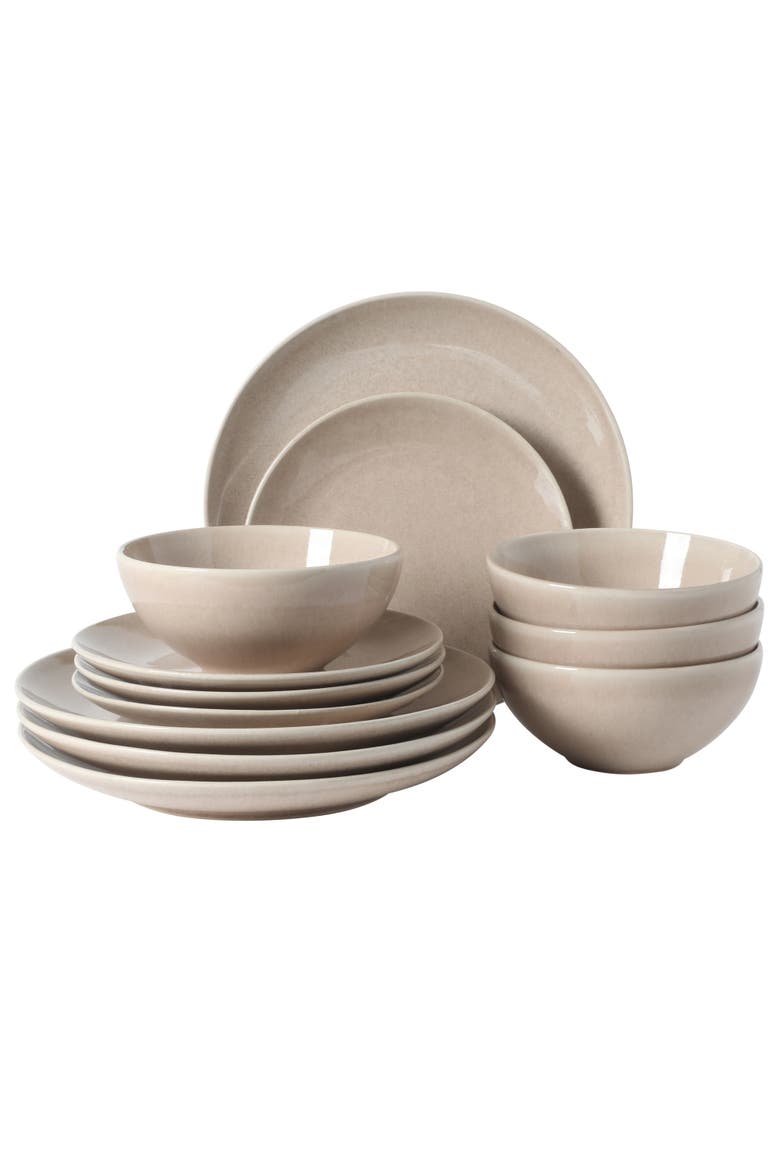 Castle Peak 12-Piece Reactive Glaze Stoneware Dinnerware Set, Main, color, Taupe