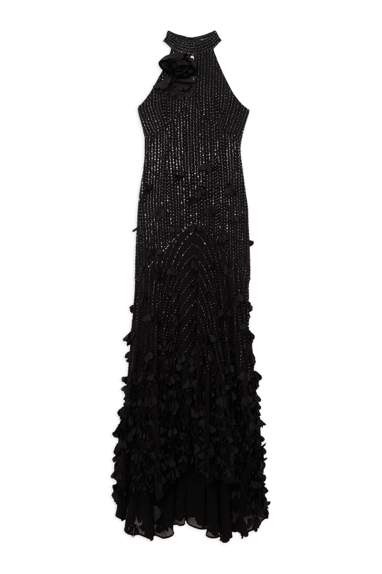 Crystal Rosette Halter-Neck Maxi Dress, Alternate, color, Black