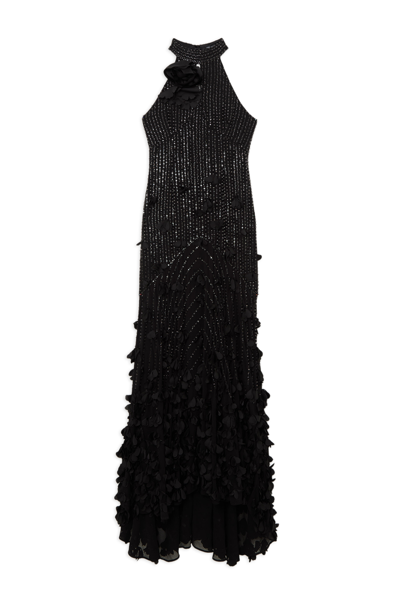 Karen Millen Crystal Rosette Halter-Neck Maxi Dress, Alternate, color, Black